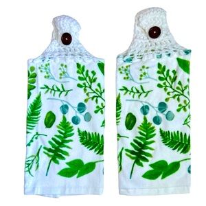 Hand Crafted Colorful Green Ferns Hanging Hand Towels Crochet Top Button Closure